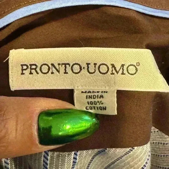Pronto Uomo - Men’s Button up shirt brown and blue stripes- Size Large - Picture 2 of 5